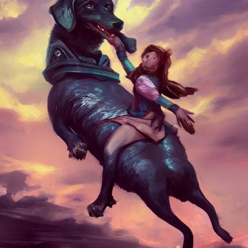 Prompt: a girl riding a giant dog, trending on artstation