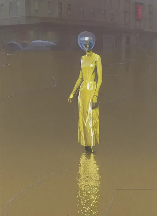 Image similar to futuristic woman dressed in transparent gold foil plastic bags with cutouts, on flooded street Edward Hopper and James Gilleard, Zdzislaw Beksinski, highly detailed