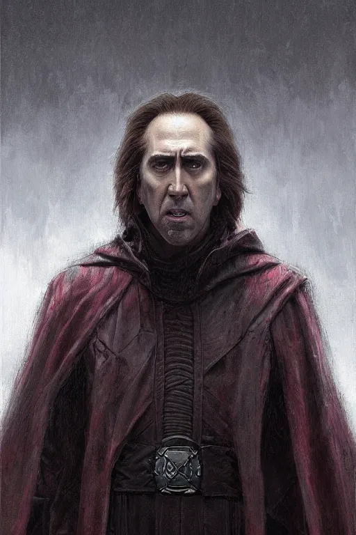 Image similar to Nicholas Cage Sith Lord, star wars, dark fantasy, intricate, highly detailed, smooth, artstation, painted by Wayne Barlowe, Greg Rutkowski, zdislav beksinski, Francis Bacon