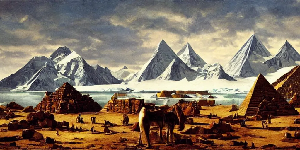 Prompt: Antarctica, pyramids, oil painting, highly detailed, artwork, in style of Albert bierstadt