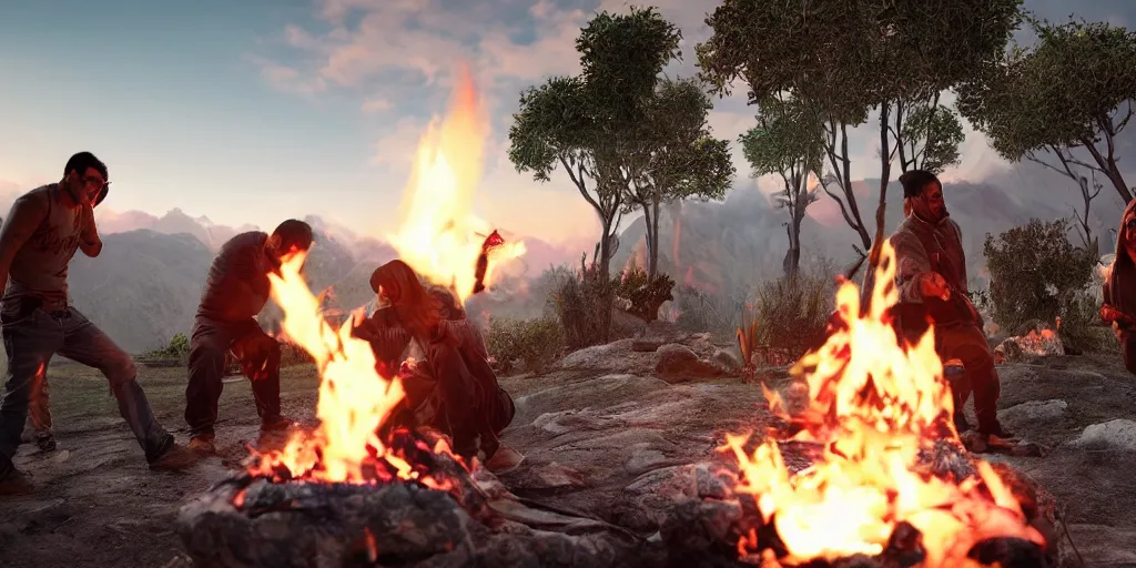 Prompt: indegenous people making fire, andean sunset, unreal 5, hyperrealistic, realistic, photorealistic, dynamic lighting, highly detailed, cinematic landscape, studio landscape, studio lighting