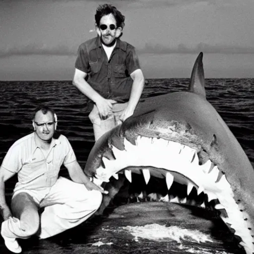 Prompt: marine biologists pose next to megladon shark, caught giant shark, scientists posing, they keep some distance, hanging shark, national geographic photo 1 9 7 0 s, fugifilm