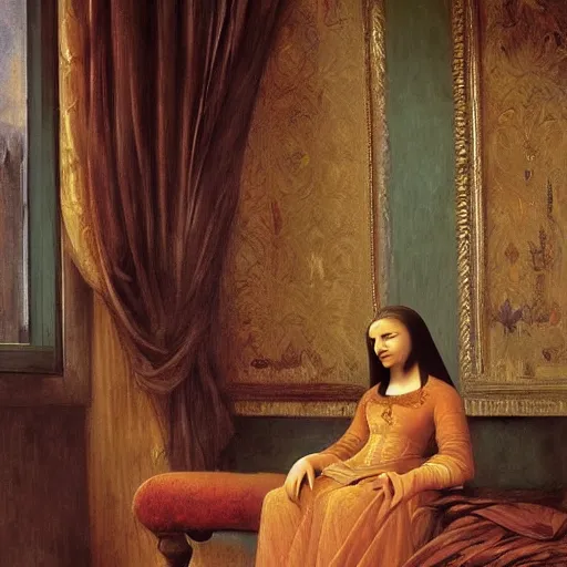 Image similar to Monalisa is sitting on her living room couch. She is dressed casually and is watching TV, Regal, Realistic, Refined, Detailed Digital Art, Josephine wall, Oil Painting, William-Adolphe Bouguereau, Art Frahm, Esao Andrews, Steampunk, Walt Disney (1937), Highly Detailed, Cinematic Lighting, Unreal Engine, 8k, HD