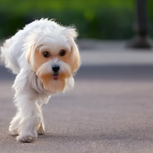 Image similar to photo of maltese puppy dog standing on hind leg begging for food, photorealistic