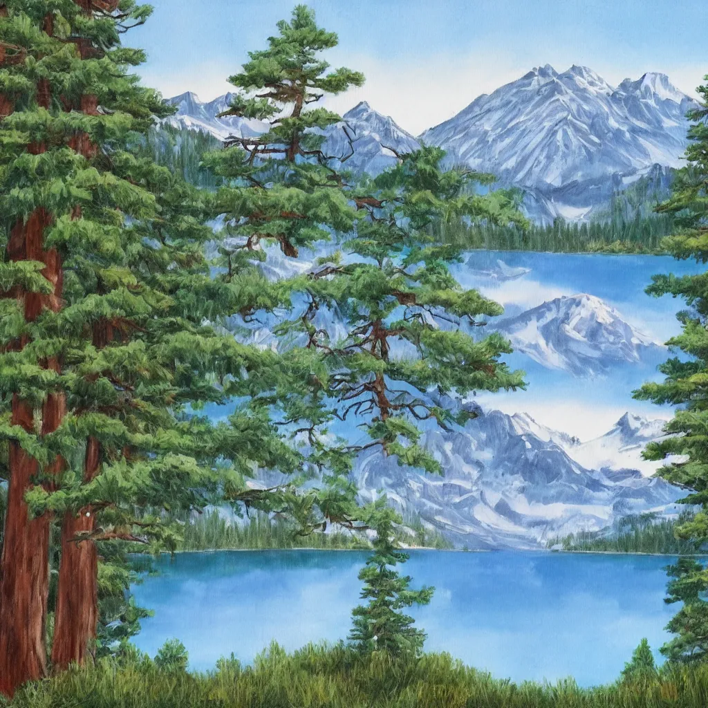 Image similar to a lake surrounded by pine trees with mountains in the background painted by Bob Ross