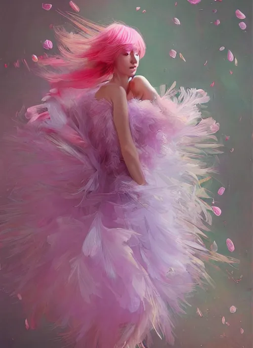 Image similar to beautiful little girl with an pink eccentric haircut wearing an dress made of feathers dancing on stage, artwork made by ilya kuvshinov, inspired in donato giancola, hd, ultra realistic, reflection, flowers, light, realistic face, bird, pixiv