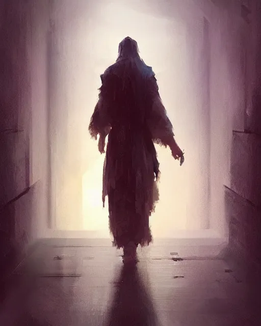 Image similar to “Medium shot of a character walking through Heaven’s Gate in the style of Greg Rutkowski”