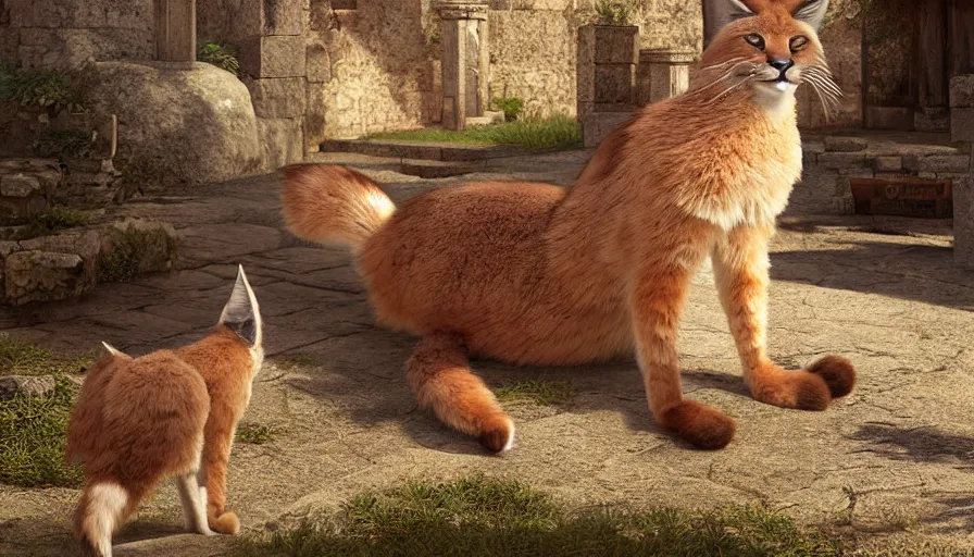 Image similar to wooden barrel on one side, fullbody photo of cute fluffy caracal in it, ancient greek city, sunny day, by ilya kuvshinov, rtx rendering, octane render 1 2 8 k, maya, extreme high intricate details by tom bagshaw, medium shot, close up shot, composition by sana takeda, lighting by greg rutkowski