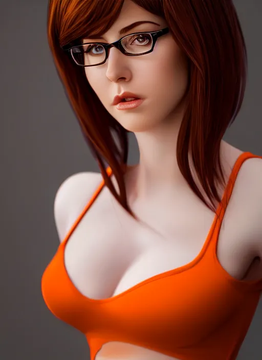 Image similar to photo of velma, professionally retouched, soft lighting, realistic, smooth face, full body shot, torso, dress, perfect eyes, sharp focus on eyes, 8 k, high definition, insanely detailed, intricate, elegant, art by artgerm and j scott campbell