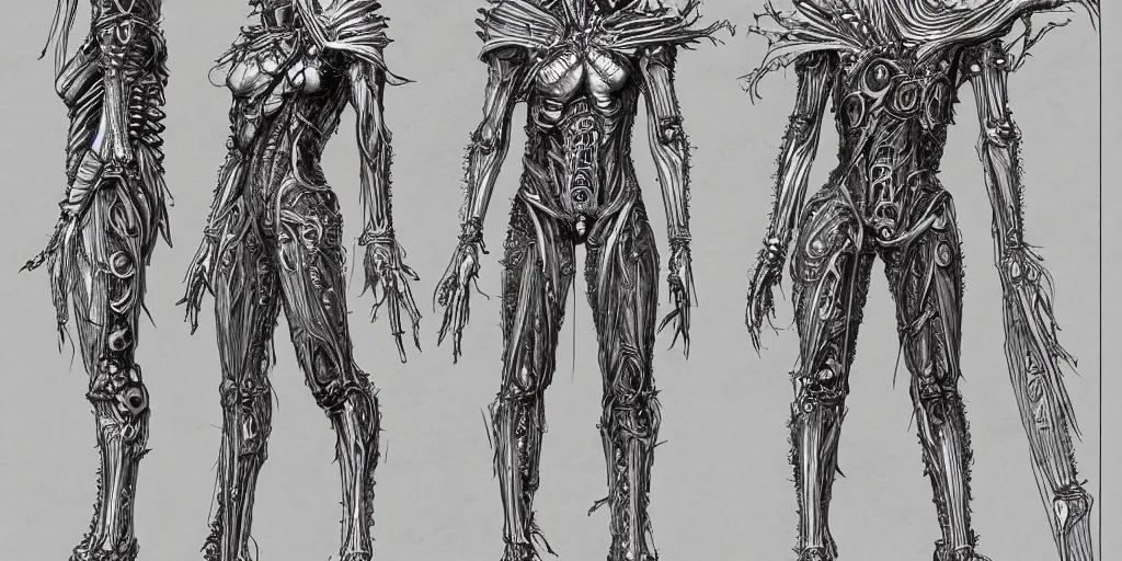 Prompt: highly detailed character sheet, technical drawing, side view, biomechanical human game protagonist designs, side - scrolling 2 d platformer, art by h. r. giger and jonathan wayshak