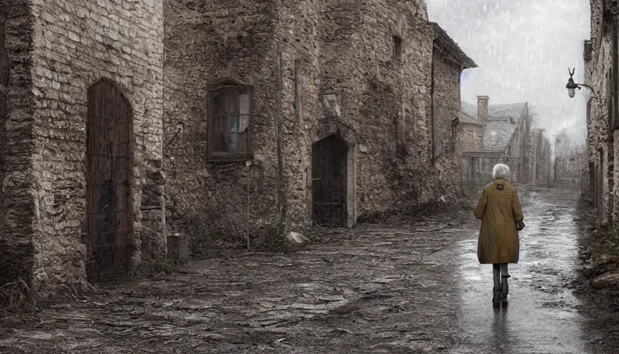 Prompt: Old lady walking in an empty abandoned medieval village at rainy day, muddy road, grey sky, damaged wooden houses, hyperdetailed, artstation, cgsociety, 8k