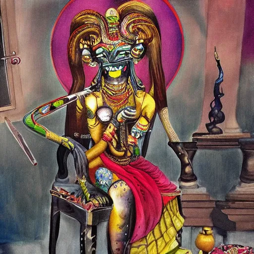 Image similar to a painting of a demon sitting on top of a chair, a detailed painting by ram chandra shukla, pixiv contest winner, bengal school of art, detailed painting, maximalist, art on instagram