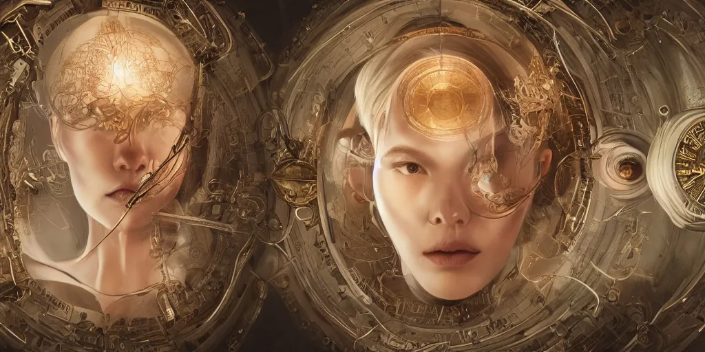 Prompt: hyperrealistic photography of a highly detailed and symmetrical gorgeous nordic female scientist constructing a golden baroque time machine in the style of Jin Kagetsu, James Jean and wlop, face symmetry, highly detailed, masterpiece, award-winning, sharp focus, intricate concept art, ambient lighting, 8k, artstation