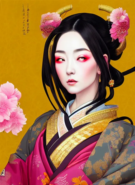 Image similar to dreamlike luxury stunning oiran portrait, pink and gold kimono, art by artgerm, wlop, loish, ilya kuvshinov, 8 k realistic, hyperdetailed, beautiful lighting, detailed background, depth of field, symmetrical face, frostbite 3 engine, cryengine,