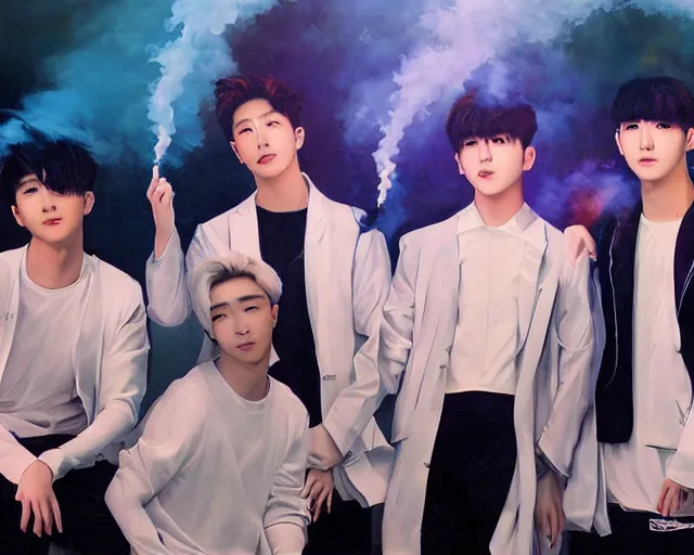 Prompt: generic kpop boy band, oil painting, lasers, smoke machine, cdx