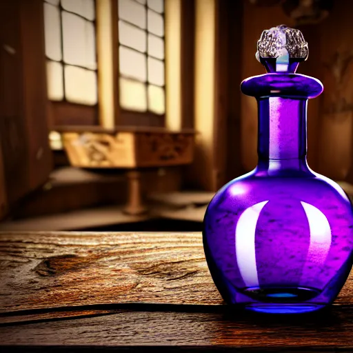 Image similar to hyper realistic and higly detailed deadly poison bottle, purple liquid inside on a design medieval wood table. the bottle is designed like a trendy perfume bottle. background is a laboratory complex architecture mossy stone pilars. professional digital art, dnd style, ultra detailed, trending on artstation, concept art, octane render, unreal engine 5, 8 k rendering.
