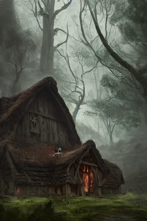 Image similar to the wooden house of a ancient witch in an ancient old forrest, eeire mood, Dynamic lighting, cinematic, establishing shot, extremely high detail, photo realistic, cinematic lighting, , post processed denoised, concept design, concept art, artstation, matte painting, midjourney, style by alex ross, raphael lacoste, eddie mendoza