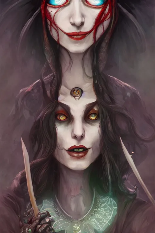 Image similar to portrait of a witch, american mcgee's alice, sharp focus, artstation, trending, by julie dillon, luis melo, tyler miles lockett, lei jin, hong lei, ken wong, adam narozanski, joy ang