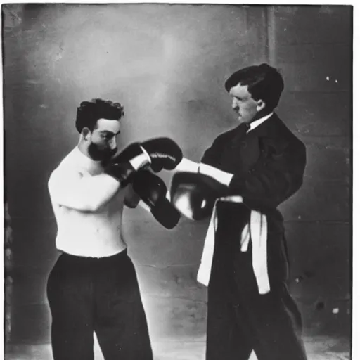 Image similar to Karl Marx boxing Ayn Rand, photo, 1920,