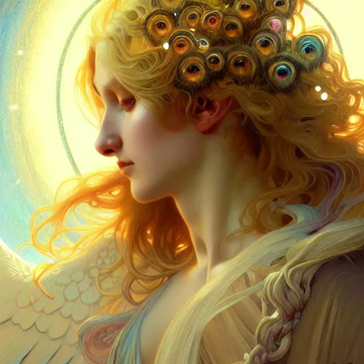 Image similar to Winged girl angel covered in eyes with blonde hair and glowing halo, iridescent, seraphim, fantasy, intricate, elegant, highly detailed, digital painting, artstation, concept art, smooth, sharp focus, illustration, art by Krenz Cushart and Artem Demura and alphonse mucha