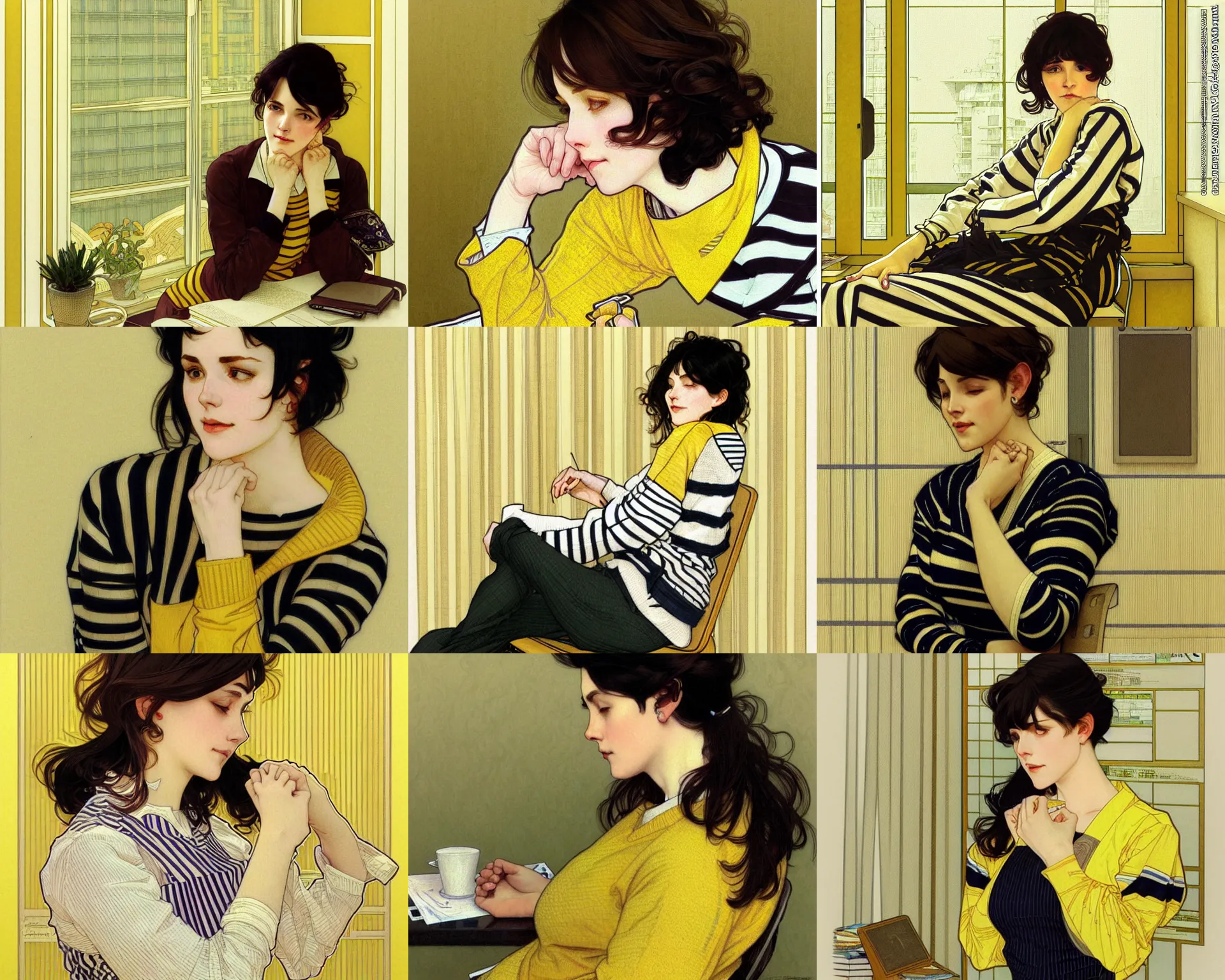 Prompt: tired woman with short wavy black hair resting at her office, wearing yellow sweater with white horizontal stripes, intricate illustration by krenz cushart, alphonse mucha, artgerm, trending on artstation