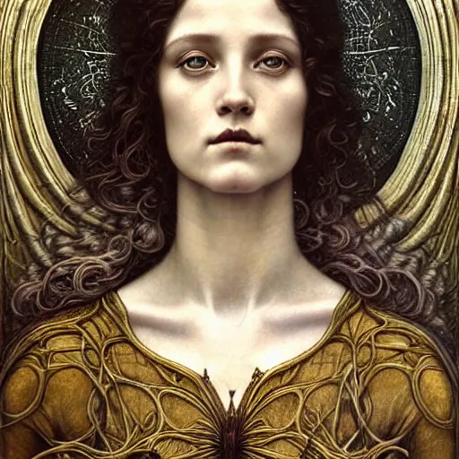 Prompt: detailed realistic beautiful young medieval queen face portrait by jean delville, tom bagshaw, brooke shaden, gustave dore and marco mazzoni, art nouveau, symbolist, visionary, gothic, pre - raphaelite, ornate gilded medieval icon, surreality, ethereal, unearthly, haunting, celestial, neo - gothic, ghostly, memento mori