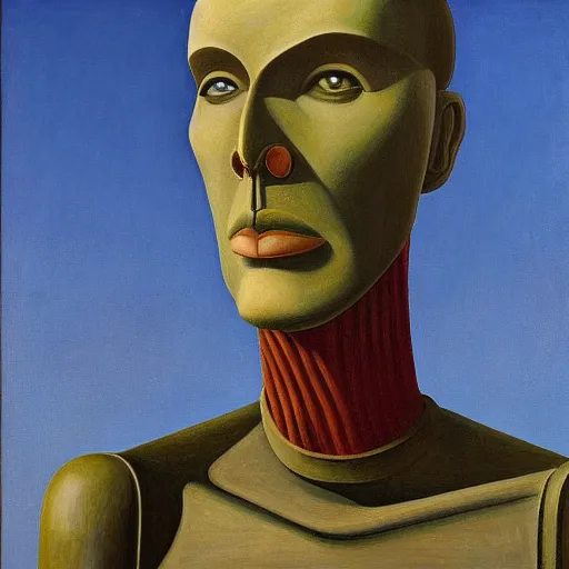 Prompt: tall, gaunt, imposing robot with intense eyes portrait, grant wood, pj crook, edward hopper, oil on canvas