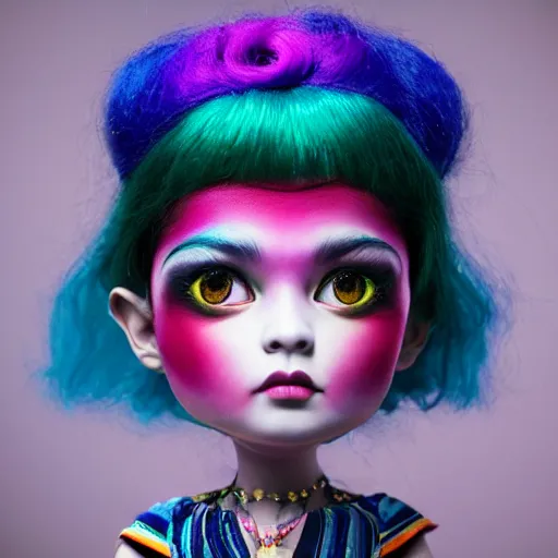 Prompt: a 3 d image of a mythological fierce young girl with rainbow hair looking at the camera, she has a cute face painting by mark ryden, japonisme 3 d 8 k ultra detailed