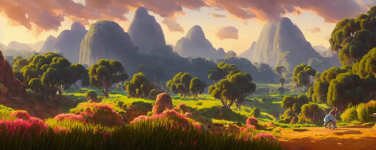 Prompt: australian impressionism landscape, pokemon sword and shield ghibli landscape illustration close floral clearing and mountains in the background, deep focus, d & d, fantasy, intricate, elegant, highly detailed, digital painting, artstation, concept art, matte, sharp focus, illustration, hearthstone, art by fire watch game and greg rutkowski, no characters