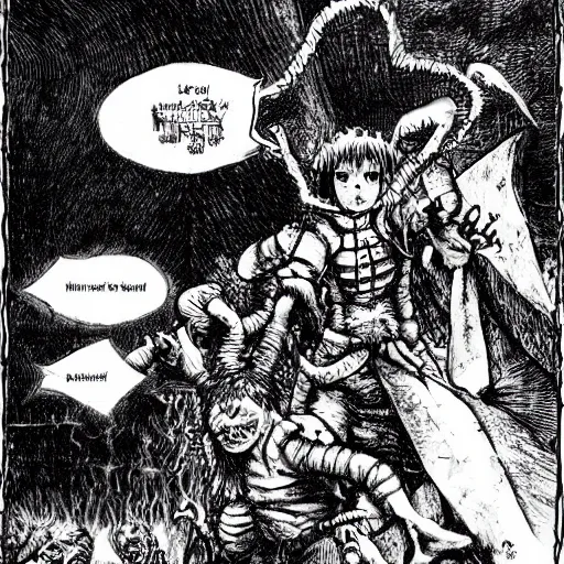 Prompt: kids playing with demons in. fantasy world, kentaro miura - n 9 - i - h 7 6 8