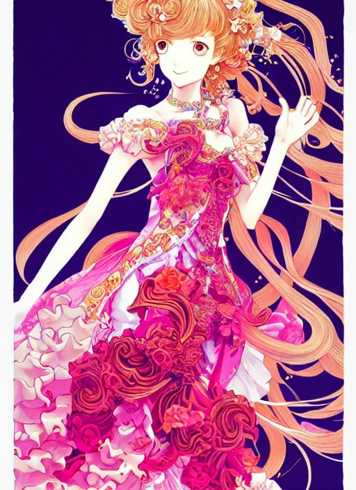 Image similar to exquisite imaginative fate manga poster design of princess, long wavy hair, rococo ruffles dress, fluorescent, illustration, artstation, dark fantastic, highly detailed, 8 k, maximalist, by shigenori soejima, minaba hideo, katsuhiro otomo, jump comics