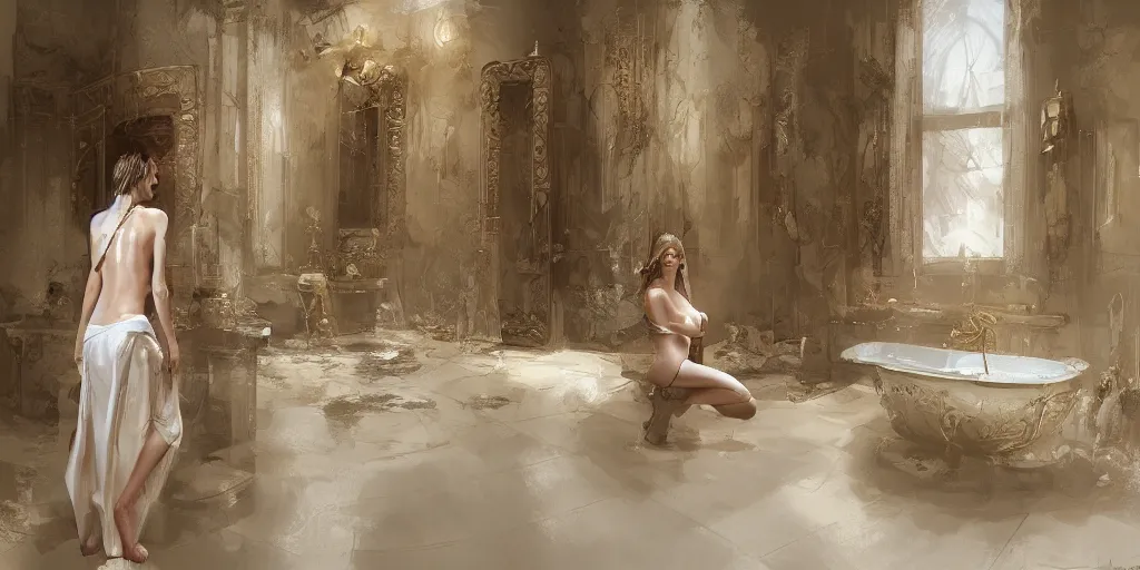 Prompt: in the bathroom of an incredible palace with the beautiful Natalia Vodianova, Craig Mullins, matte painting, artstation