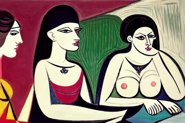 Prompt: portrait of two wise and very beautiful women discussing some texts appearing in a computer screen, art by picasso, intricate, elegant, highly detailed, smooth, sharp focus, artstation