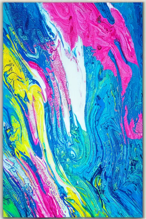 Prompt: acrylic paint pour, marbling, very detailed, large white border, 144x144 canvas, hd, high resolution print :1 Cyan, Pink, White, Yellow and Black :1