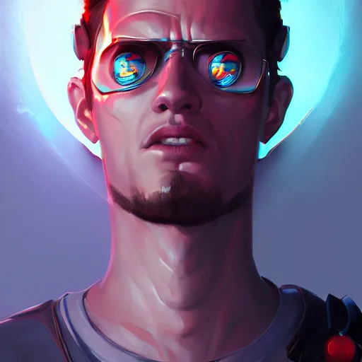 Image similar to portrait of metal ryan reinolds, terminator red eyes, mattepainting concept blizzard pixar maya engine on stylized background splash comics global illumination lighting artstation lois van baarle, ilya kuvshinov, rossdraws