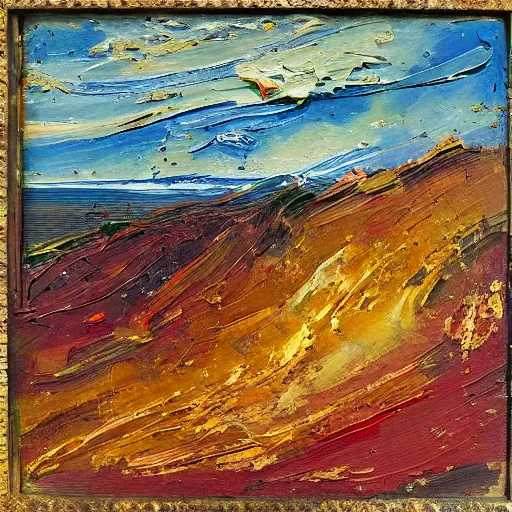 Image similar to oil paint impasto relief, very rough sea, multi layered thick brush marks, some splattered paint, in the style of ivan shishkin and frank auerbach and van gogh