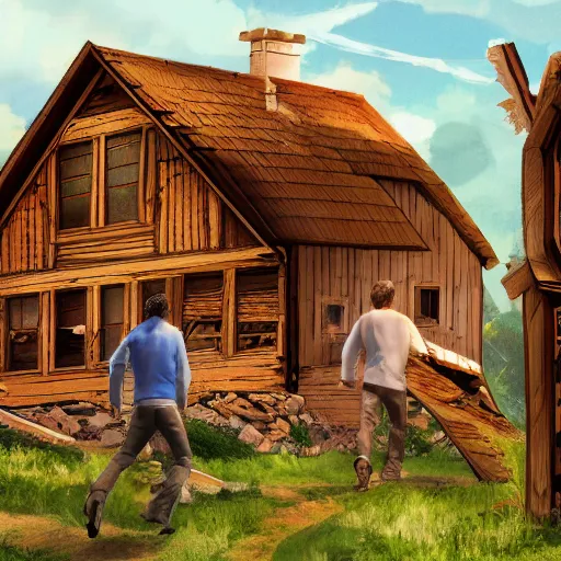 Prompt: concept art of two husbands leave each other inside a big wooden broken house, wide angle, 4K highly detailed