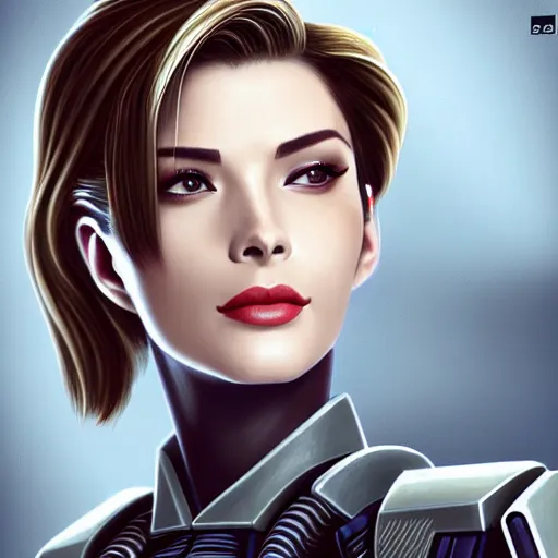 Image similar to A combination of Ada Wong's and Grace Kelly's and Ashley Greene's appearances with blonde hair wearing Master Chief's armor from Halo, high tech, action shot, angular, full body portrait, futuristic, dramatic, fantasy, intricate, elegant, highly detailed, digital painting, artstation, concept art, matte, sharp focus, illustration, art by Donato Giancola and James Gurney