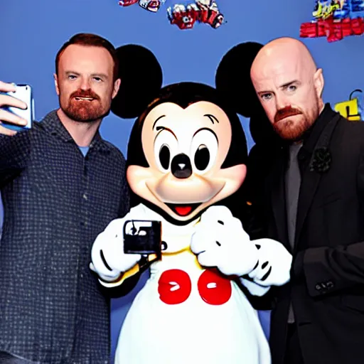 Image similar to walter white and jesse pinkman doing a selfie with mickey mouse, realistic