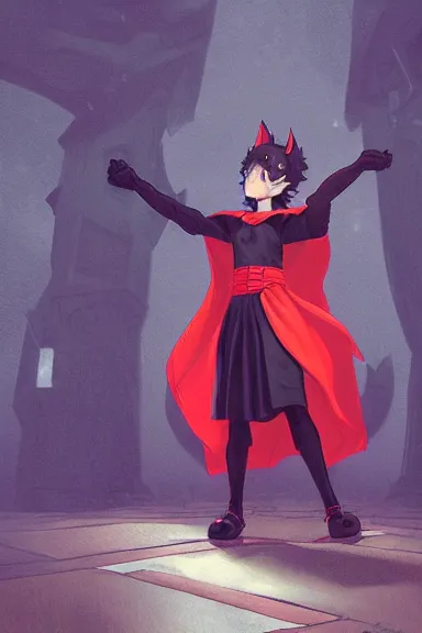 Image similar to little boy with cat ears in an black outfit with red cape. digital painting made by lois van baarle and kentaro miura and marc simonetti and sakimichan, sharpness focus, inspired by hirohiko araki, anatomically correct, heroic composition, hero pose, smooth