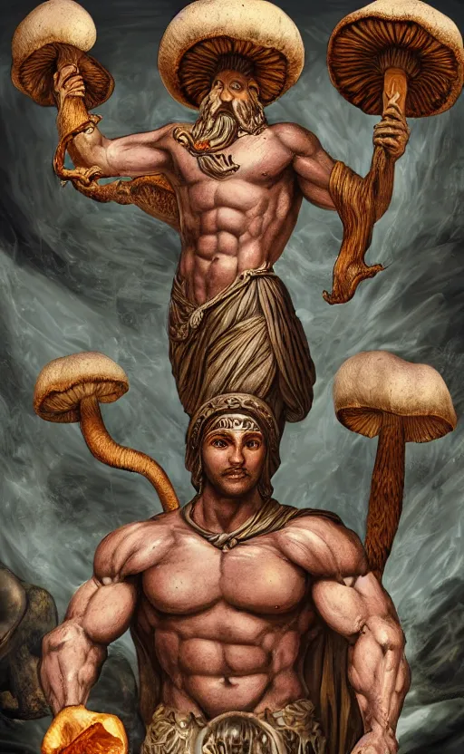 Image similar to a masterpiece hyperdetailed dnd tarot card, magnificent shrigma the mushroom deity as depicted in a colossal greek marble statue ( with godlike bodybuilder physique ), hd tarot card depicting monumental statue of a mushroom god with cute large mushroom hat, hdr, 8 k, artstationhq, digital art