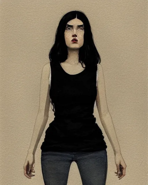 Prompt: cottagecore hyper - realistic portrait of a woman in black sleeveless t - shirt, black hair, by atey ghailan, by greg rutkowski, by greg tocchini, by james gilleard, by joe fenton, by kaethe butcher, dynamic lighting, gradient light yellow, brown, blonde cream and white color scheme, grunge aesthetic