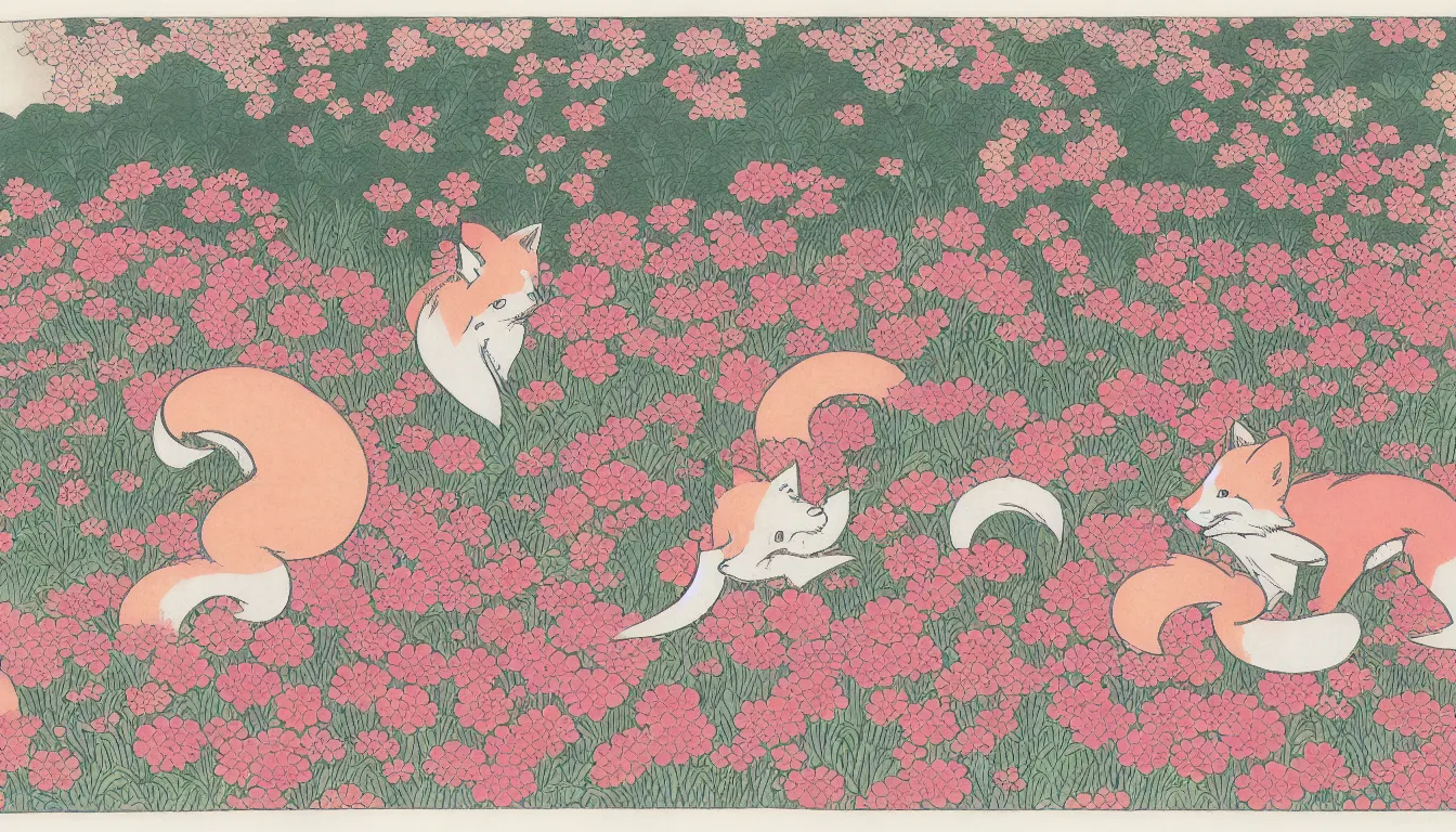 Image similar to pink fox head popping out of a field of multi colored flowers by hokusai,