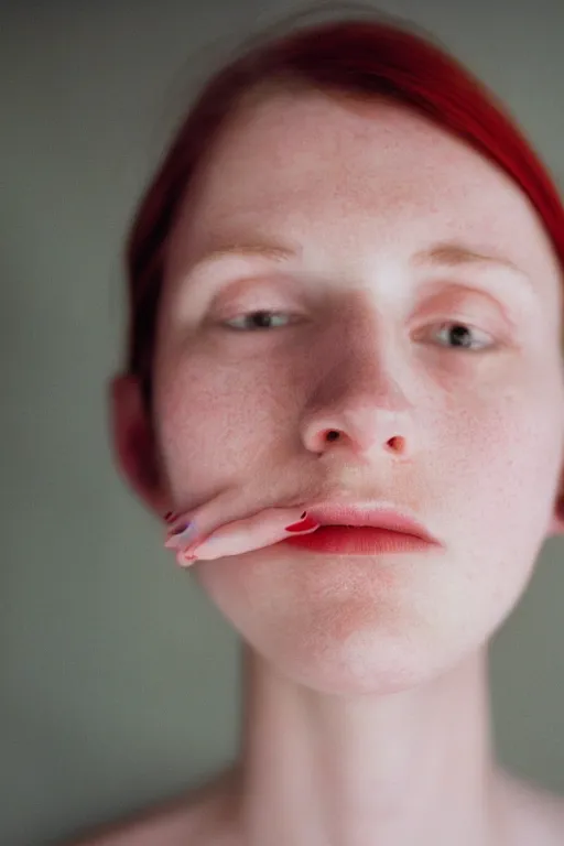 Image similar to face portrait, white woman, 22 years old, thin, center parting straight red hair, snub nose, small lips, in the morning, ambient light, by Annie Leibovitz, f/1.4