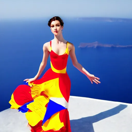 Prompt: beautiful modern dancer wearing a red and yellow and blue swirling dress, standing on a Santorini terrace looking down into the ocean, trending on artstation, cinematic, photorealistic