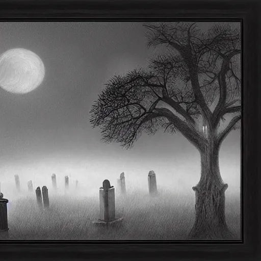 Image similar to an endless eerie graveyard with ancient tombstones, misty, strands of fog, catacomb in background, frame is flanked by dark trees, creepy, night, finely detailed extremely realistic black and white pencil drawing