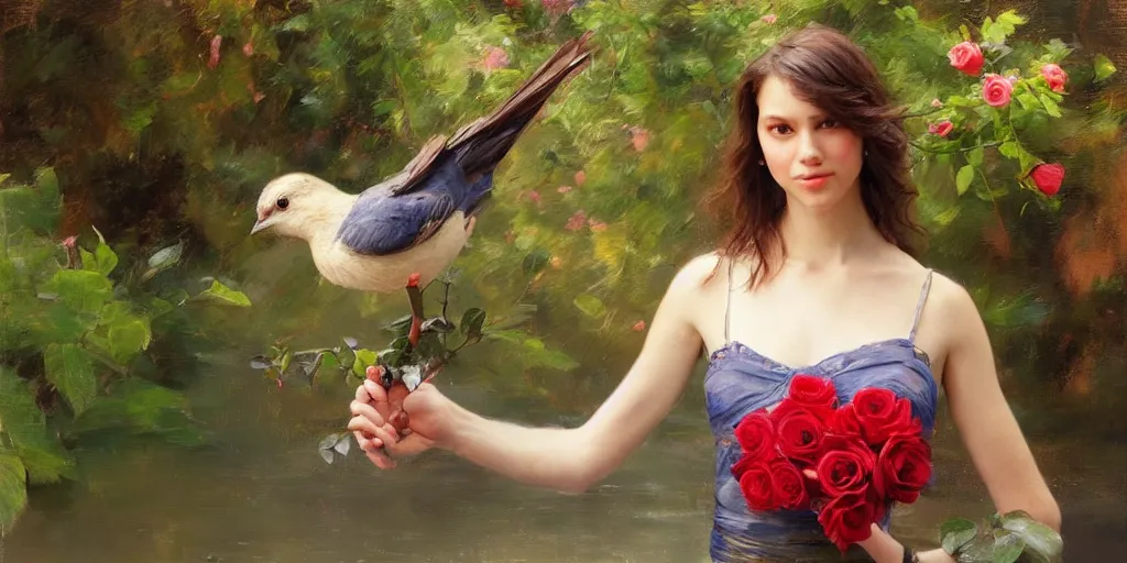 Image similar to portrait of bird holding a rose in a river. by Daniel F. Gerhartz, hyperrealistic oil painting, 4k, studio lightning, very detailed faces