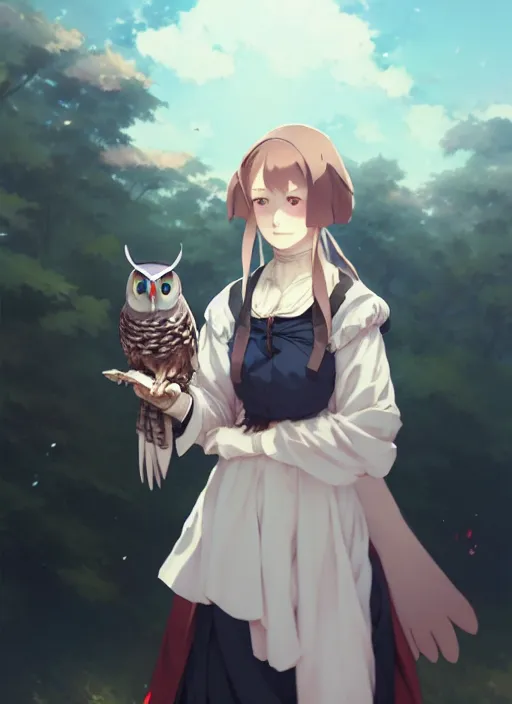 Image similar to florence nightingale with her pet owl in the pocket of her apron gapmoe yandere grimdark, trending on pixiv fanbox, painted by greg rutkowski makoto shinkai takashi takeuchi studio ghibli