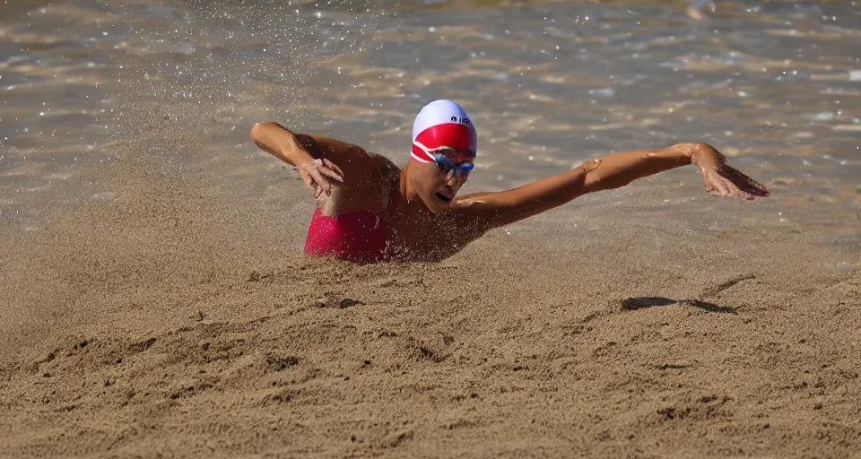 Image similar to olympic swimming in sand instead of water, extremely coherent, motion blur