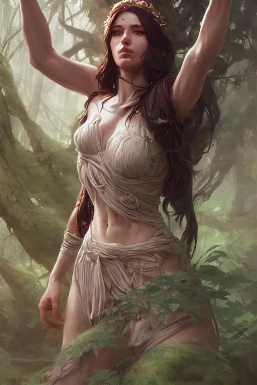 Image similar to goddess of the forest, accurate anatomy, only two hands, highly detailed, digital painting, artstation, concept art, smooth, sharp focus, illustration, unreal engine 5, 8 k, art by artgerm and greg rutkowski and edgar maxence